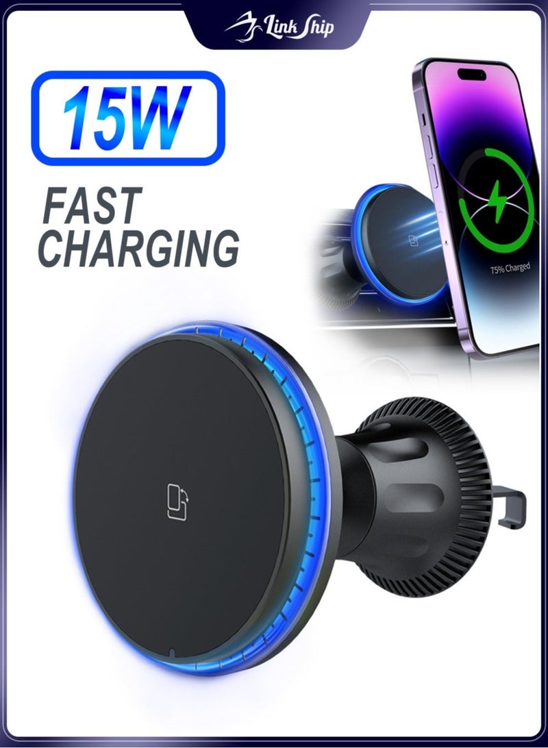linkship Magnetic Wireless Car Charger Mount - 15W Fast Charging, 360° Adjustable, Mag-Safe Compatible for iPhone & Android - Image 1